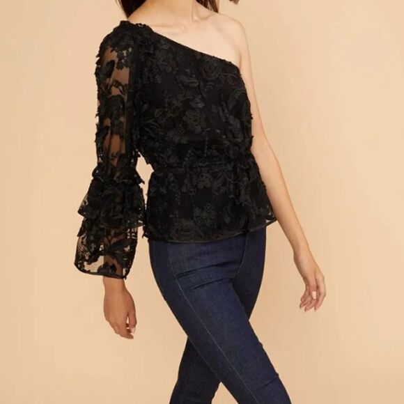 Cynthia Rowley Black lace Beatrix one shoulder ruffle sleeve blouse - Picture 5 of 8